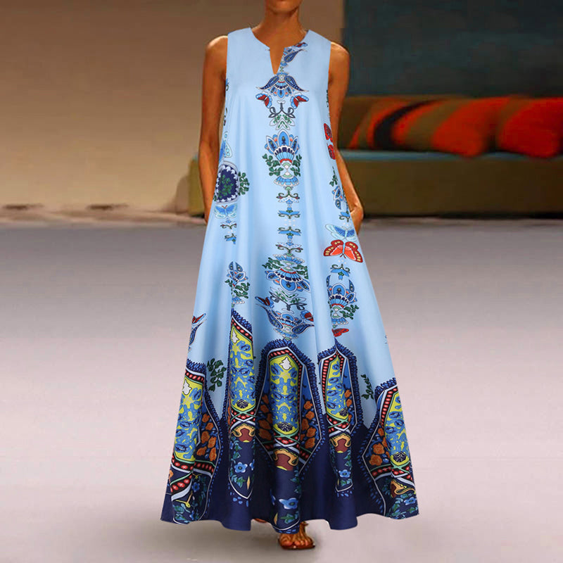 Bohemian High-Waist sleeveless Peach Collar Printed Long Dress
