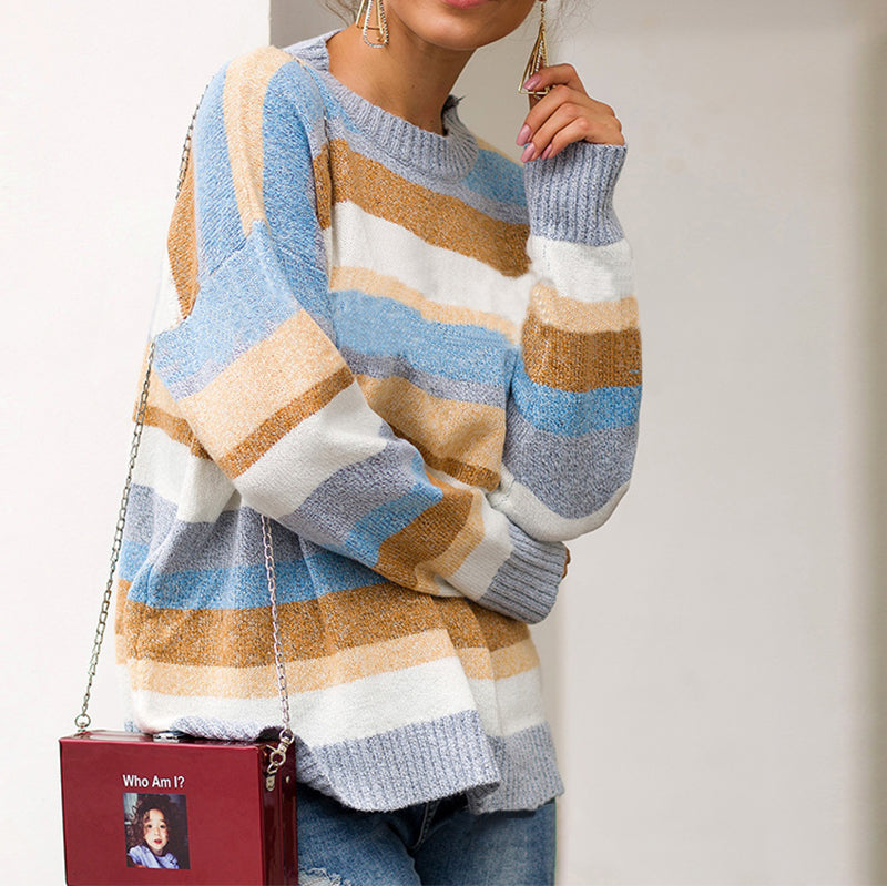 Casual Splicling  Long Sleeve Striped Sweater