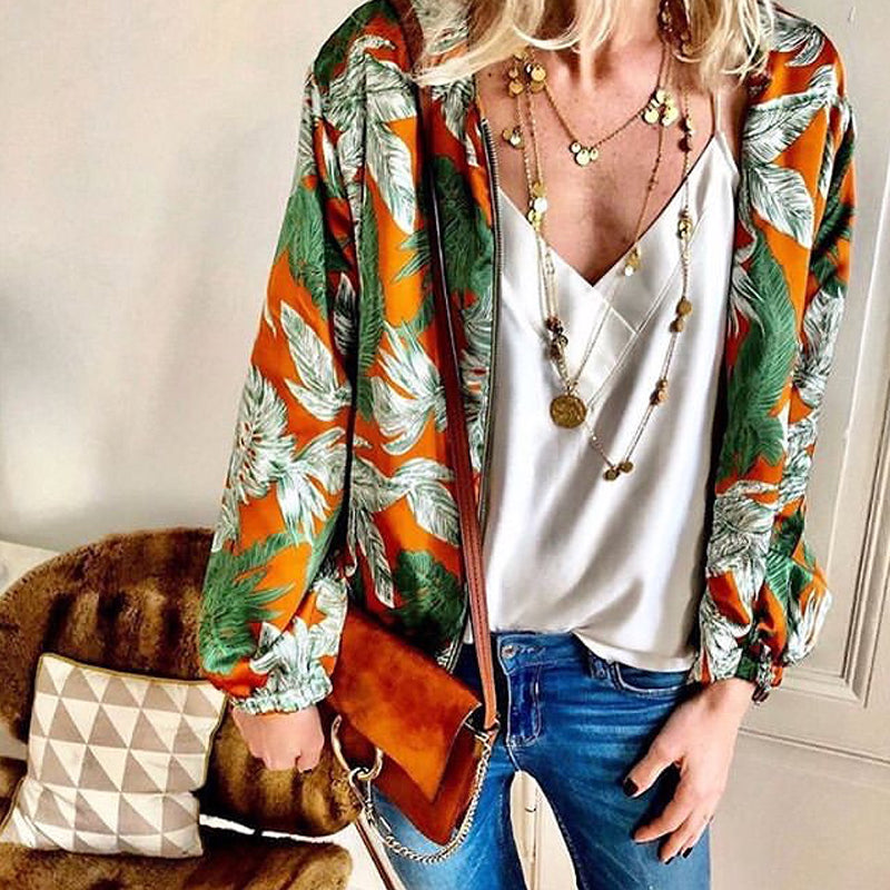 Women's Vintage Printed Color Metal Zipper Long Sleeve Jacket