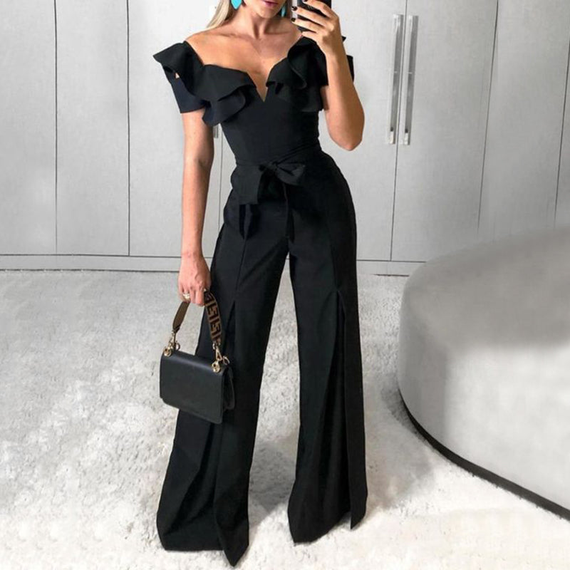 Modern Ruffled Peach Collar Belted Jumpsuit