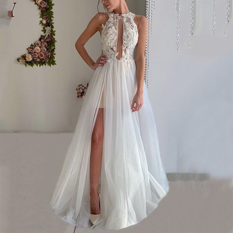 Elegant V Neck Sleeveless Decorative Lace Backless Dress