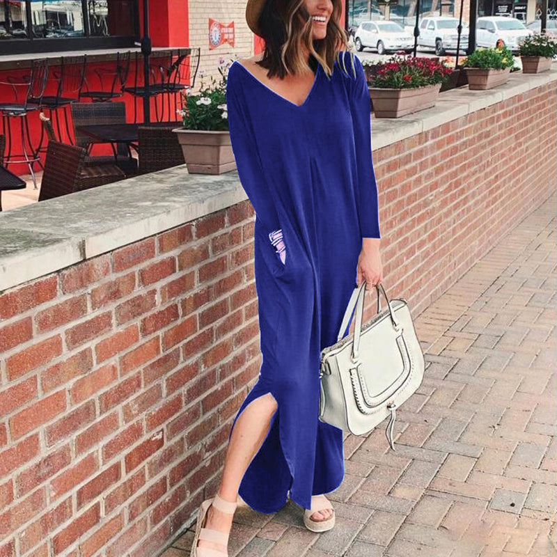 Women Casual V-neck long sleeves Solid Color Pocket Long-sleeved Dress