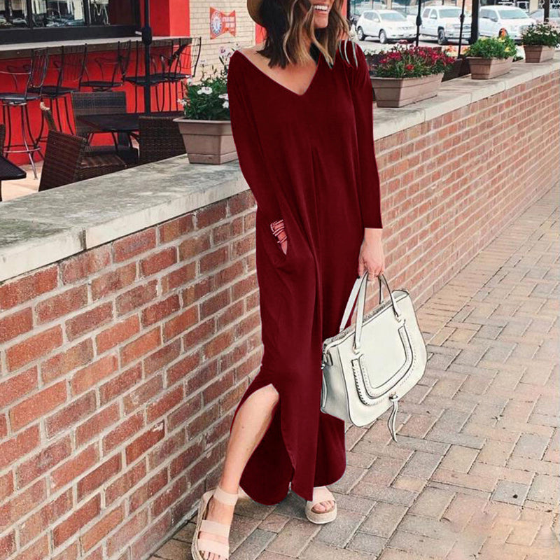 Women Casual V-neck long sleeves Solid Color Pocket Long-sleeved Dress