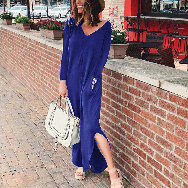 Women Casual V-neck long sleeves Solid Color Pocket Long-sleeved Dress