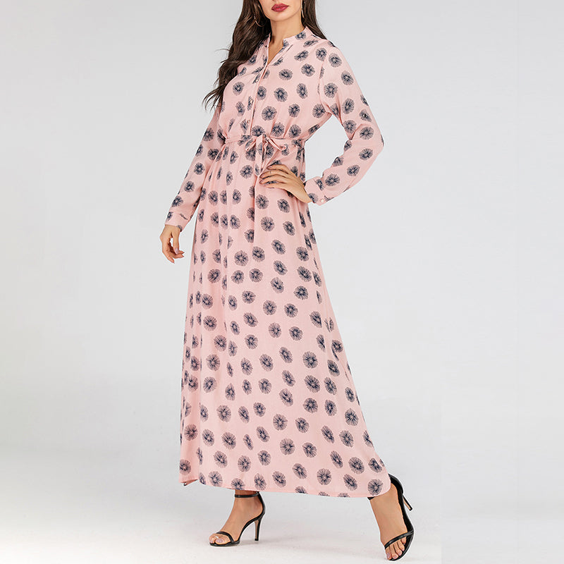 Round Neck Long Sleeve Ankle-Length Polka Dot Belted Dress