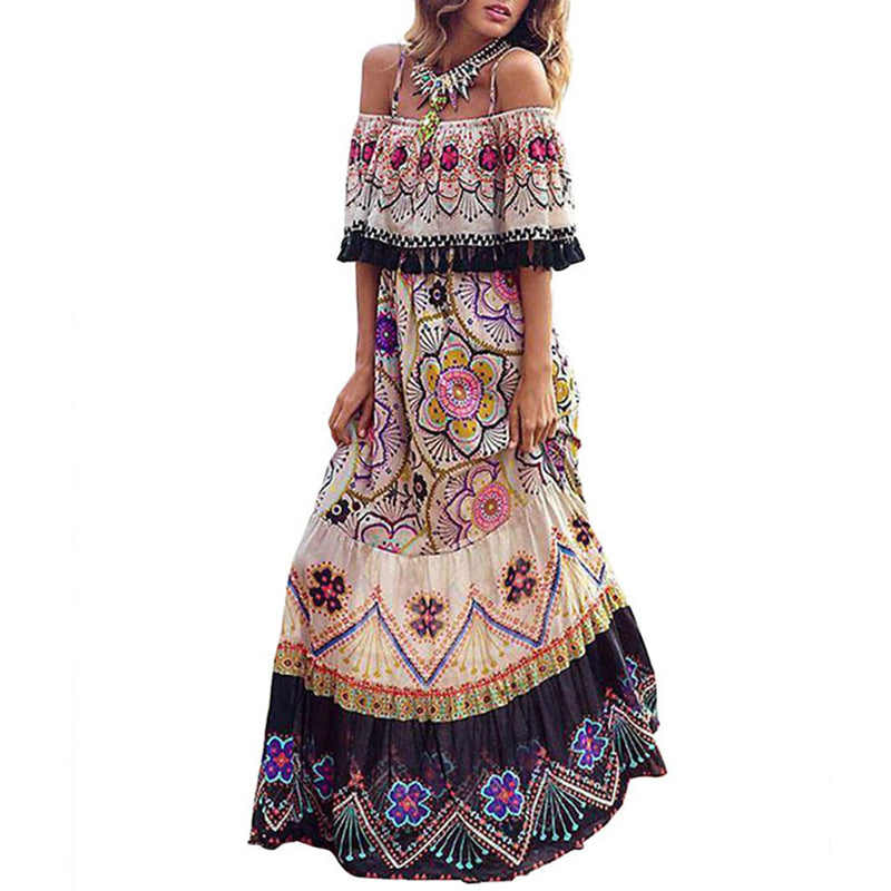 Bohemian Boat Neck short sleeves Printed Colour Off-Shoulder Dress