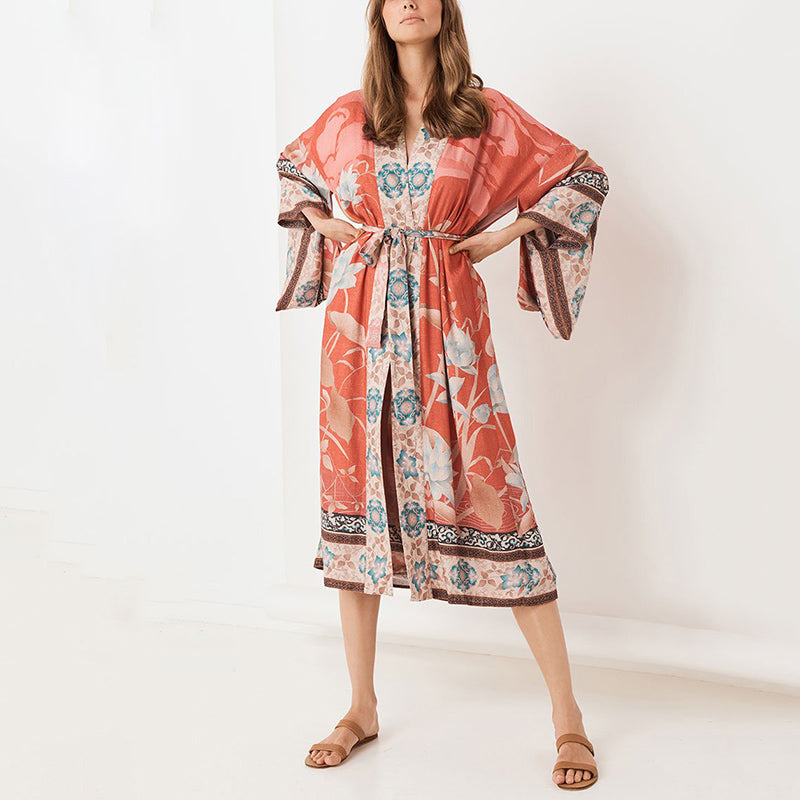 V Neck Long Sleeve Printed Colour Belted Loose Maxi Dress
