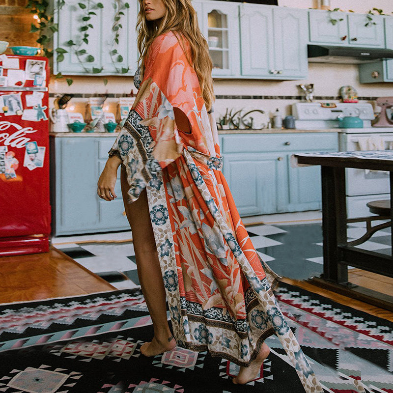 V Neck Long Sleeve Printed Colour Belted Loose Maxi Dress