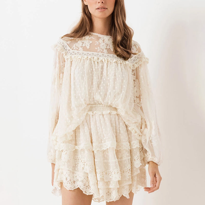 Round Neck Long Bubble long sleeves Pure Colour Ruffled Belted Lace Suit