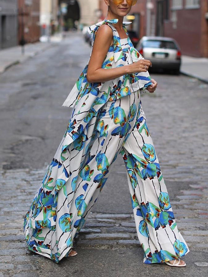 Fashion Floral Print Wide Leg Strap Culotte sleeveless Jumpsuits