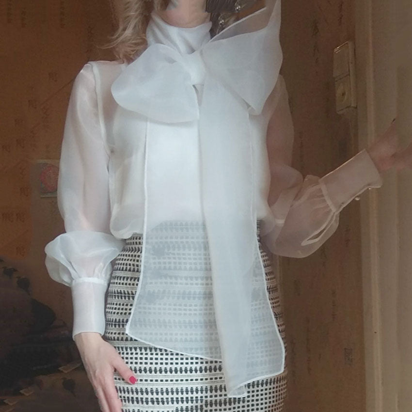 Perspective Bow Tie With Bubble Long Sleeve Organza Blouse Top