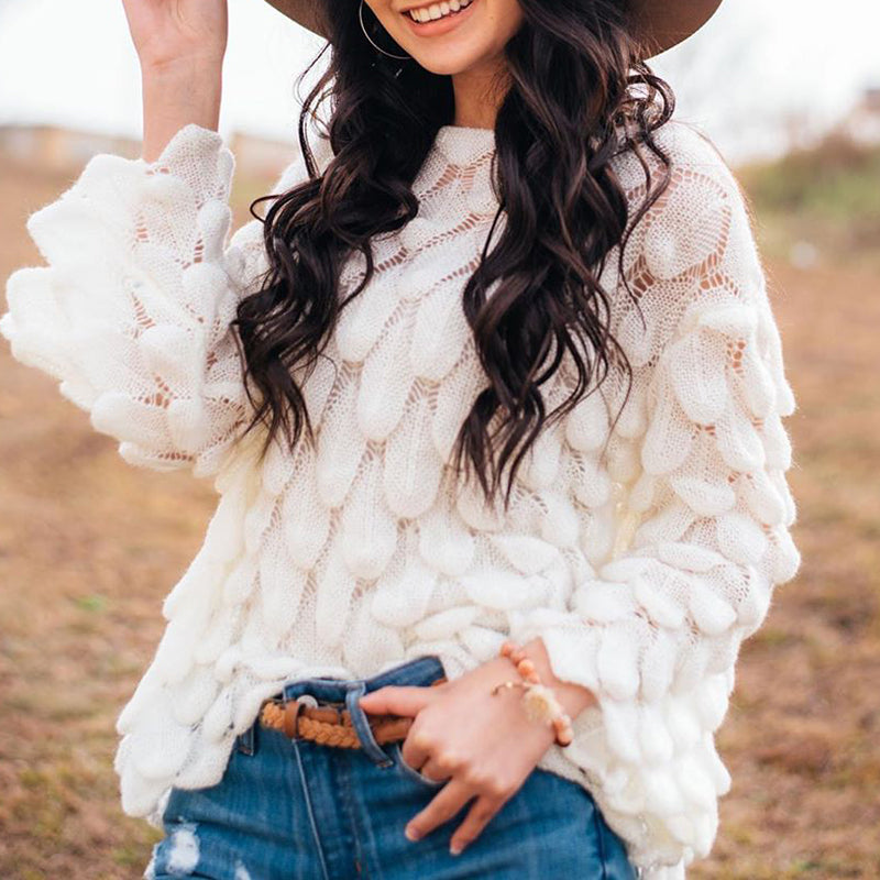 Elegant Long Sleeve Crochet Soild Sweater