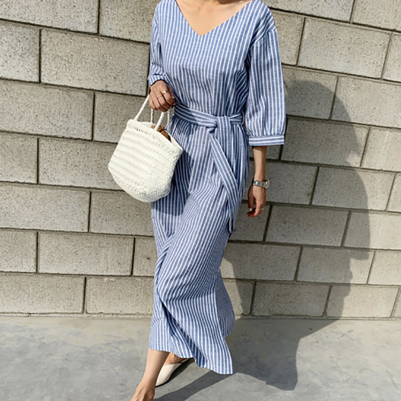 Simple Striped Lace-Up V-Neck short sleeves Dress