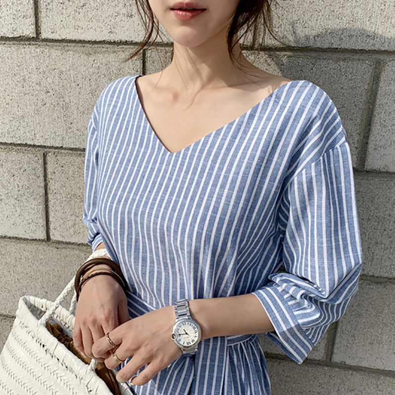 Simple Striped Lace-Up V-Neck short sleeves Dress