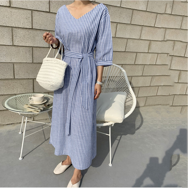 Simple Striped Lace-Up V-Neck short sleeves Dress