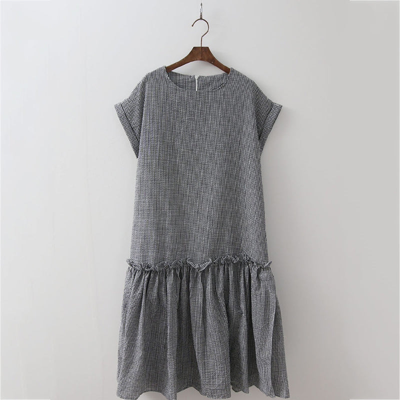 Literary Short Sleeve Pressure Plait Plaid Dress