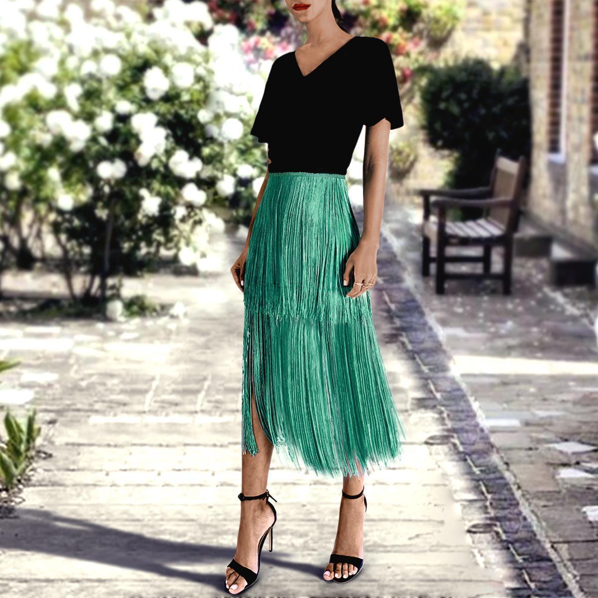 Sexy Green Tassel Layered Overskirt Maxi Dress