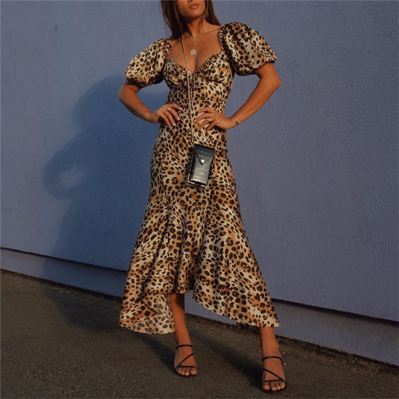 Puff Sleeve Leopard-Print short sleeves Slim Fit Fishtail Dress