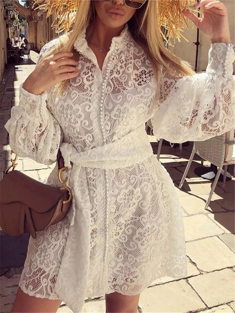 Lady Pearl Lace See Through long sleeves Belt Tie Dress