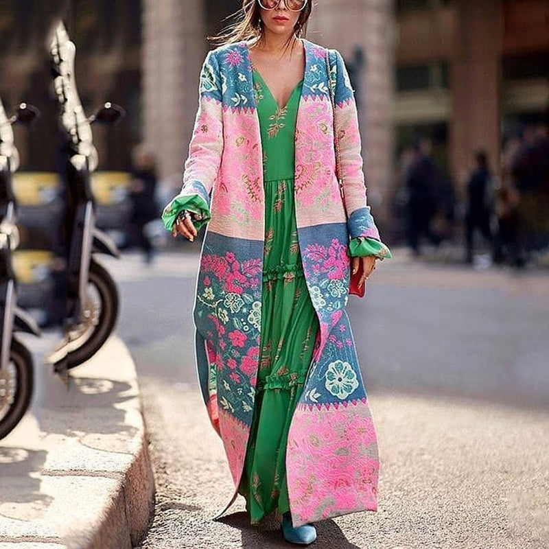 Women's Bohemian Printed Color Long Sleeve Slit Cardigan