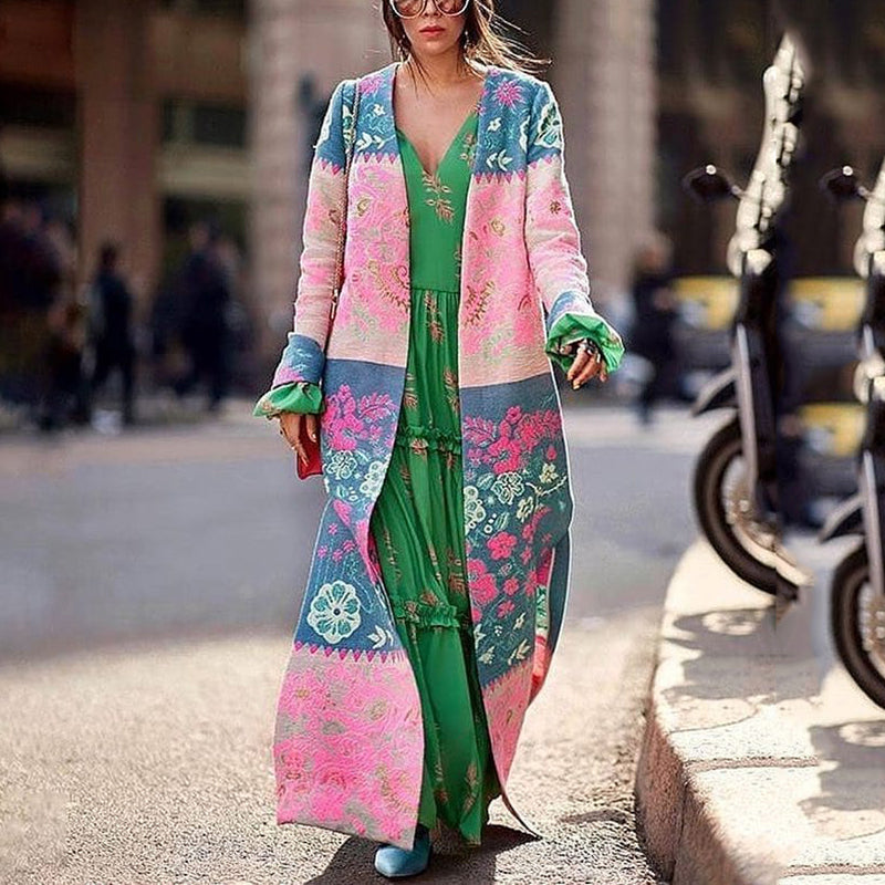 Women's Bohemian Printed Color Long Sleeve Slit Cardigan