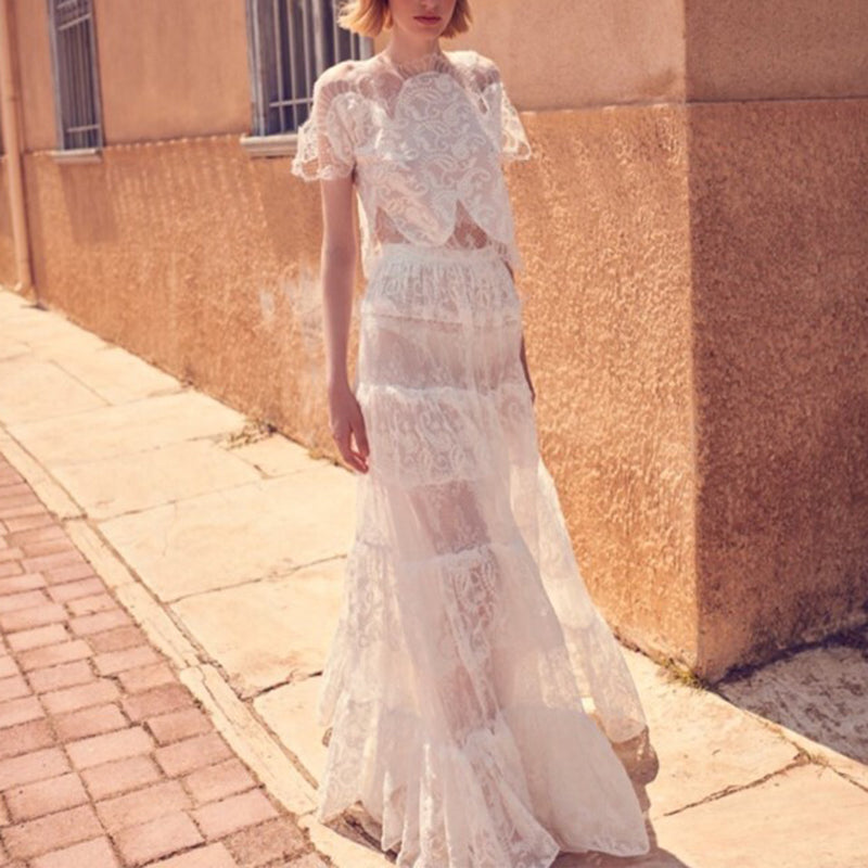 Elegant Lace See-Through short sleeves Off-Shoulder Long Dress