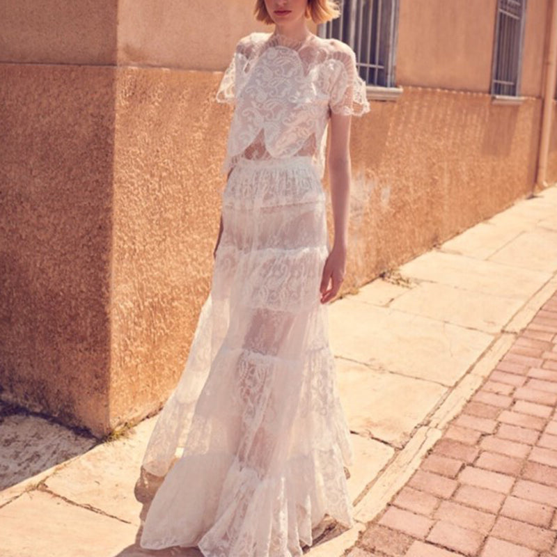 Elegant Lace See-Through short sleeves Off-Shoulder Long Dress