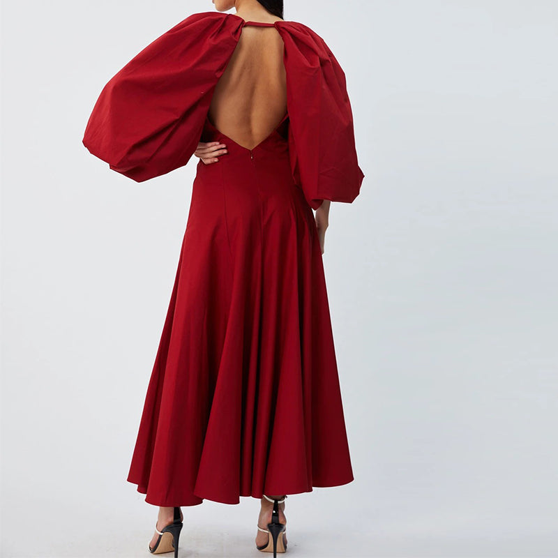 Fashion Elegant Deep V Neck Puff long sleeves Maxi Dress
