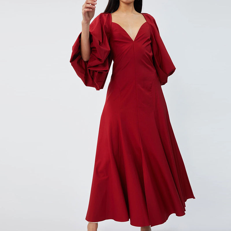 Fashion Elegant Deep V Neck Puff long sleeves Maxi Dress