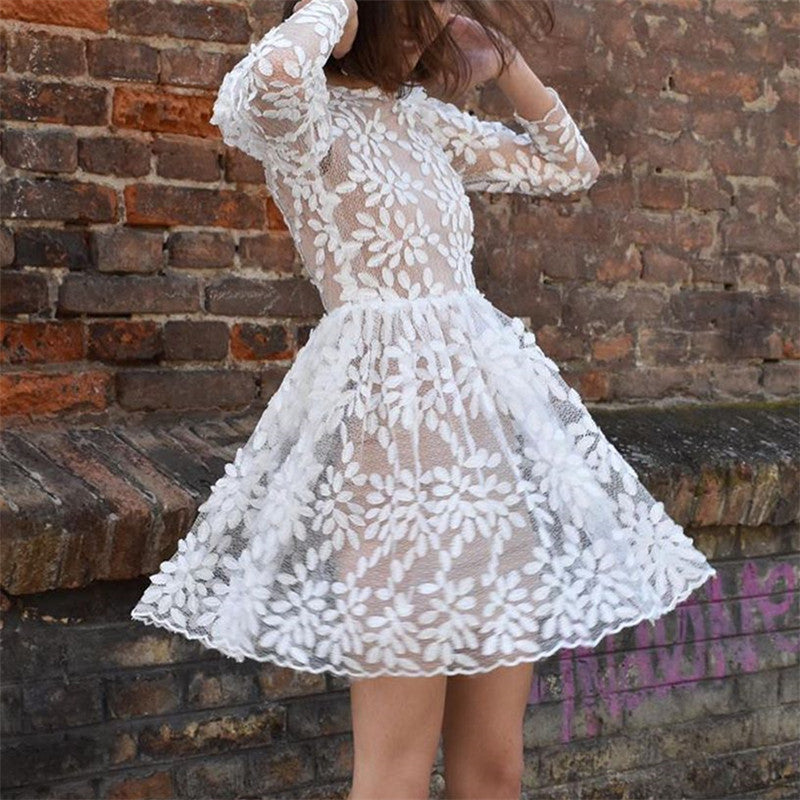 Round Neck Long Sleeve Lace See Through A-Line Dress