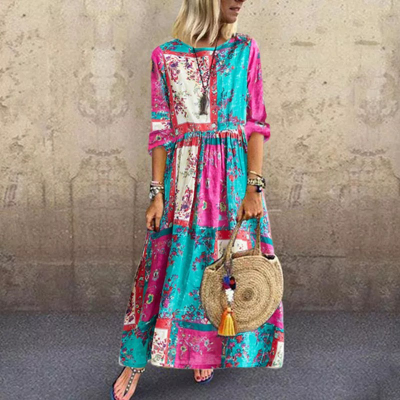Casual Cotton And Linen Printed Round Neck long sleeves Long Dress