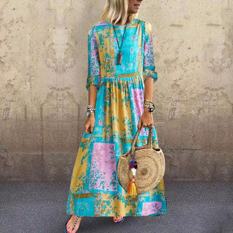 Casual Cotton And Linen Printed Round Neck long sleeves Long Dress