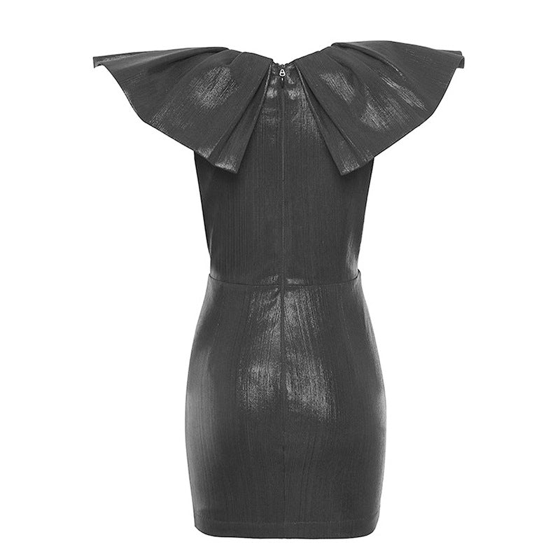 Sexy Black Sleeveless Ruffle Pleated Hip Slim Dress