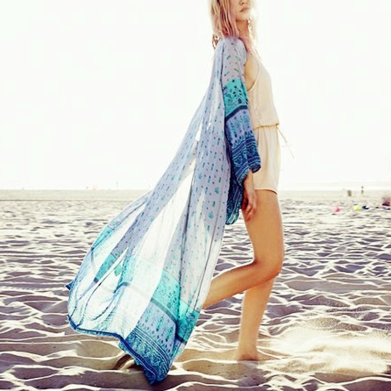 Casual Peacock Print Long Sleeve Beach Skirt Bikini Cover Sunscreen