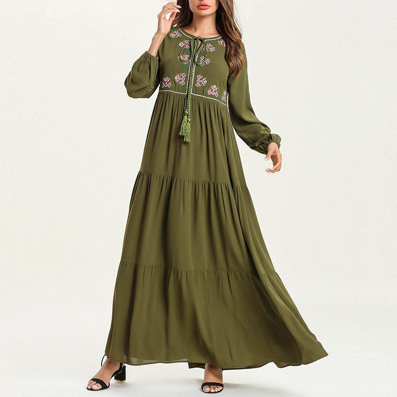 Casual Round Neck Embroidered Bow Long Sleeve Muslim Dress
