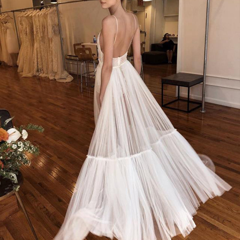 Elegant See-Through Sling Deep V Neck sleeveless Sling Wedding Dress
