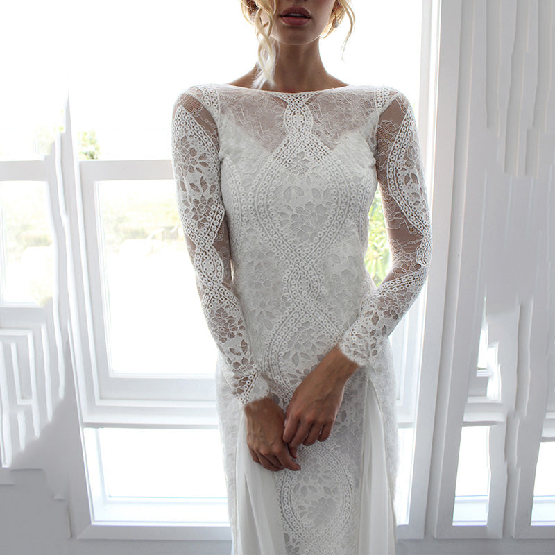 Elegant Lace See-Through Round Neck Long Sleeves Backless Evening Dress