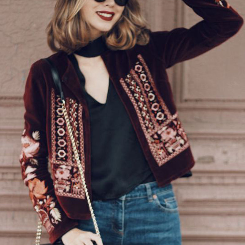Classic Embrodery Long Sleeve Short Jacket