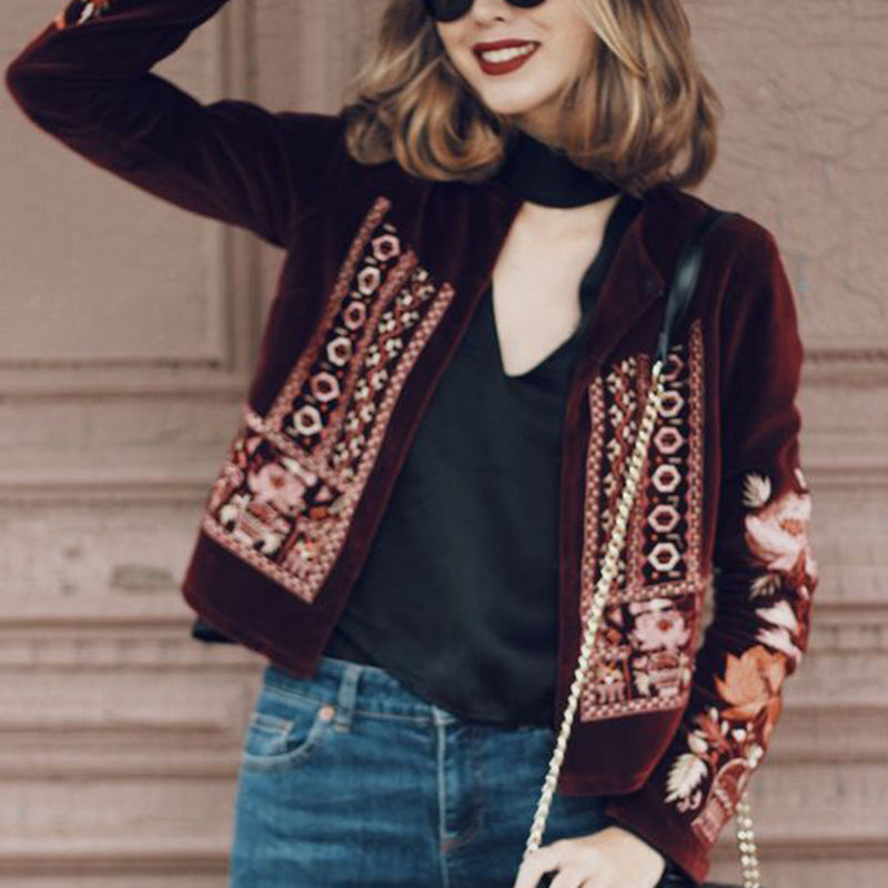 Classic Embrodery Long Sleeve Short Jacket