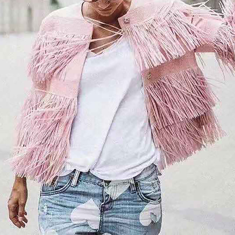 Women's Sweet Pure Color Long Sleeve Single-Breasted Tassel Jacket
