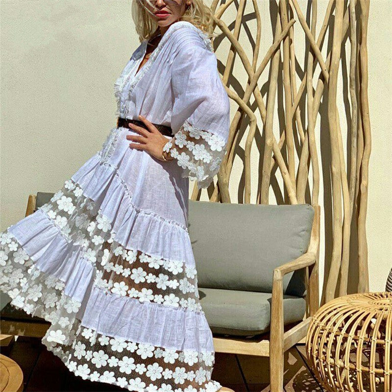 Vacation Beach Lace Splicing V-Neck Flared long sleeves Dress