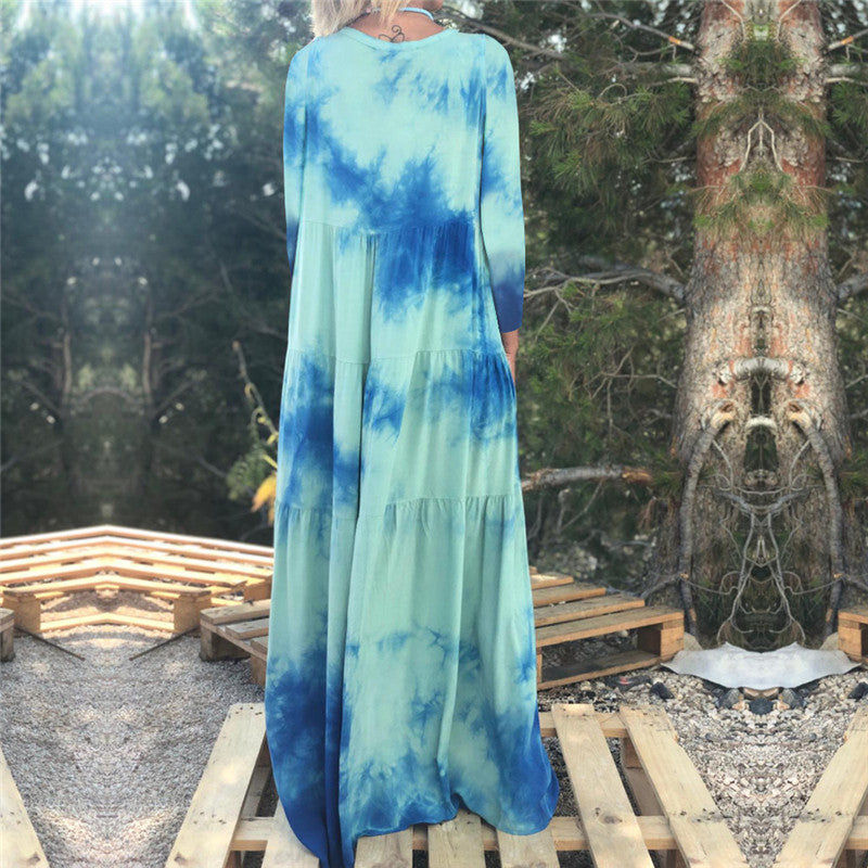 Casual Loose Tie-Dyed Long Sleeve Maxi Dress