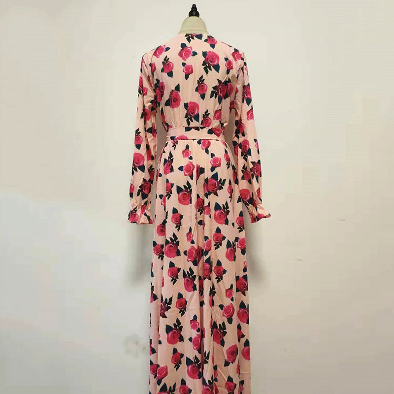 Sexy V-Neck Flower Print Long-Sleeved Dress