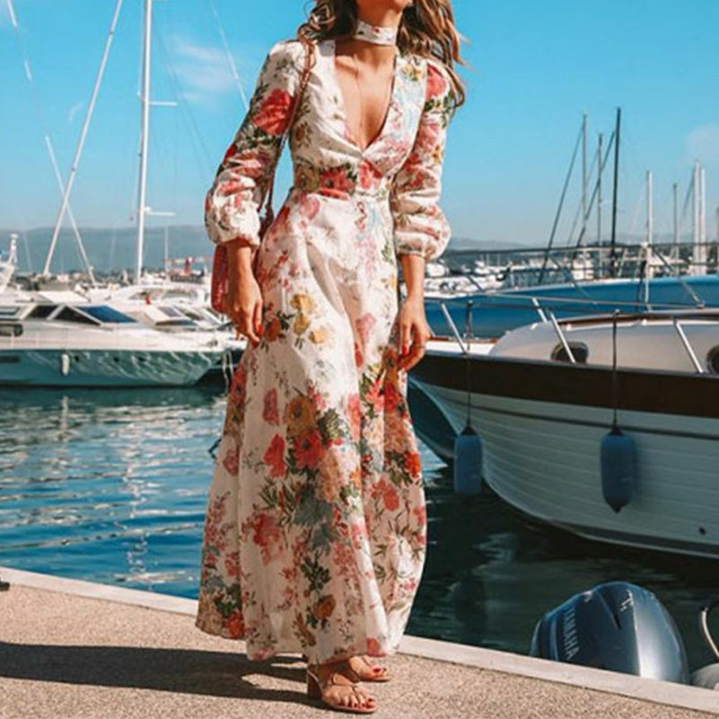 Cute Printed Color V Neck long sleeves Empire Line Patchwork Dress