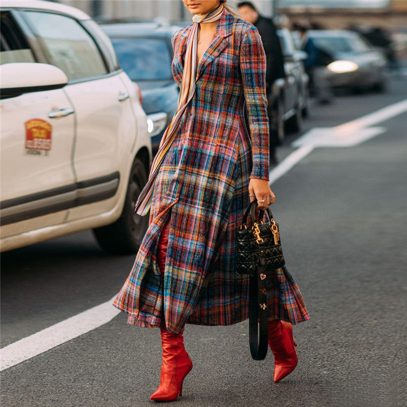 Folded Collar Plaid Print Coat