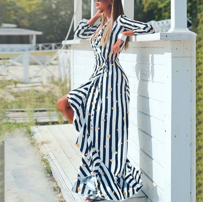 Fashion V-Neck long sleeves Striped Stitching Ruffled Irregular Hem Dress