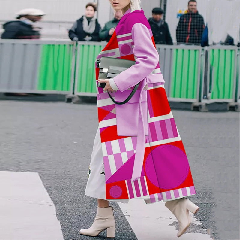 Fashion Geometric Pocket long sleeves Lace-Up Coat