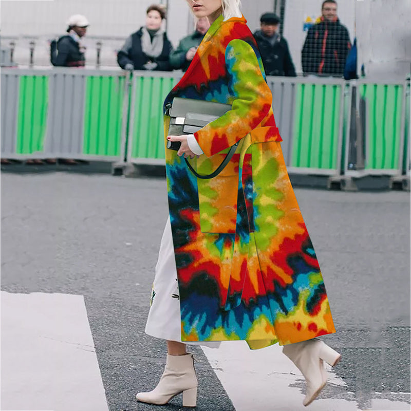 Fashion Tie Dye Pattern Long Sleeve Lace-Up Coat