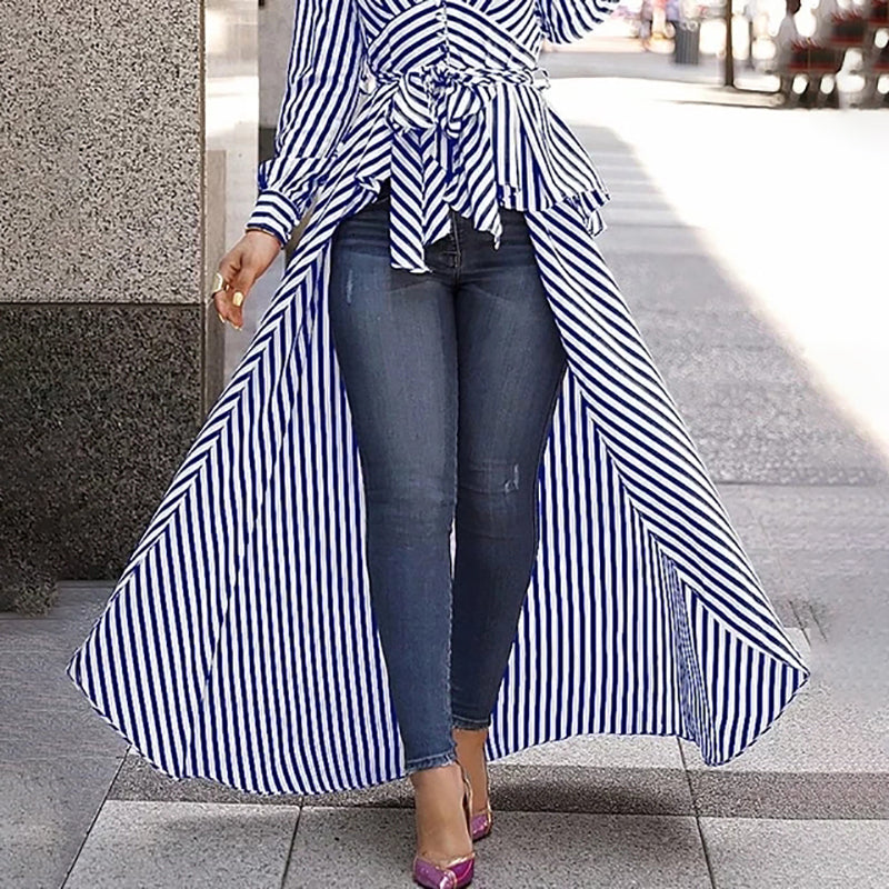 Brief V Neck Long Sleeve Stripe Loose X-Long Blouse