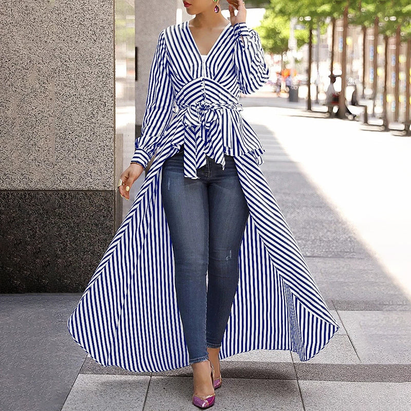 Brief V Neck Long Sleeve Stripe Loose X-Long Blouse